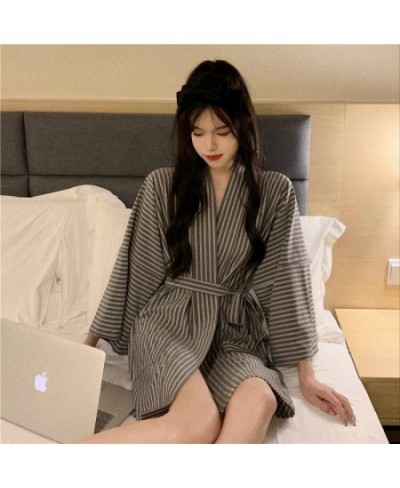 Robes Women Striped Loose Long Sleeve Knee Length Casual Bathrobe Autumn Home Lounge Wear Lace-up Fashion Nightdress Kimono I...