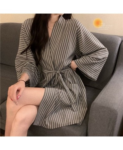 Robes Women Striped Loose Long Sleeve Knee Length Casual Bathrobe Autumn Home Lounge Wear Lace-up Fashion Nightdress Kimono I...