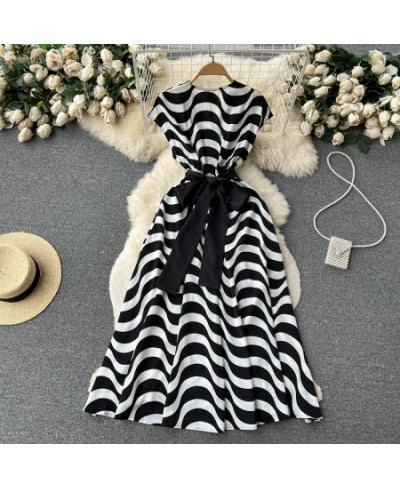 Vintage Black White Stripe Midi Dress Women's Cross V-Neck Flying Sleeve High Waist Lace Up Belt Office Work Vestidos N8294 $...