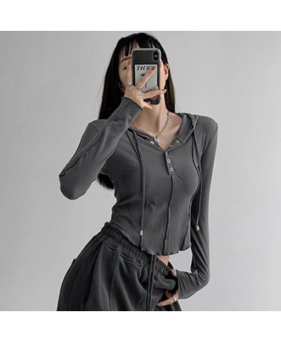 Women Hooded Sweatshirt Long Sleeve Y2k Streetwear Korean Fashion Casual Chic Female Vintage Slim Pullovers Crop Tops $28.39 ...