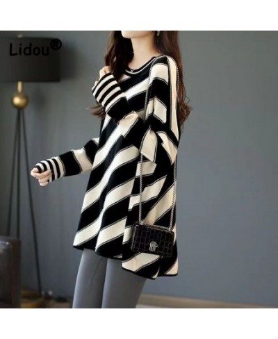 Plus Size Diagonal Stripe Color Contrast Sense of Design Female Korean Medium Length O-Neck Batwing Sleeve Loose New Clothing...