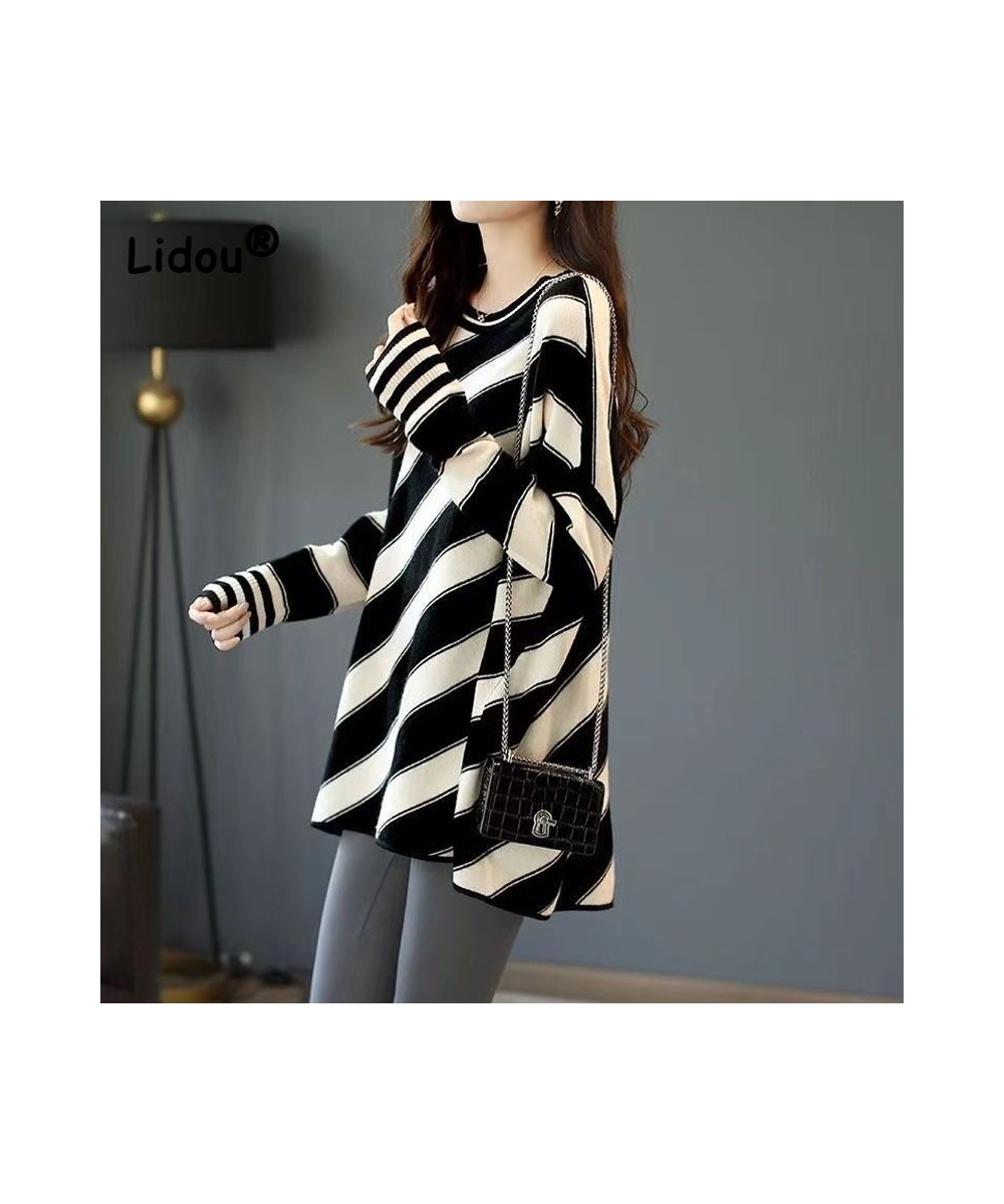 Plus Size Diagonal Stripe Color Contrast Sense of Design Female Korean Medium Length O-Neck Batwing Sleeve Loose New Clothing...