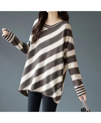 Plus Size Diagonal Stripe Color Contrast Sense of Design Female Korean Medium Length O-Neck Batwing Sleeve Loose New Clothing...