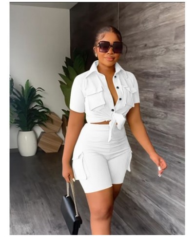 Women's Solid 2 Piece Set Short Sleeve Pocket Front Shirt Pocket Side Shorts Suit 2023 Spring Casual Female Outfit Tracksuits...