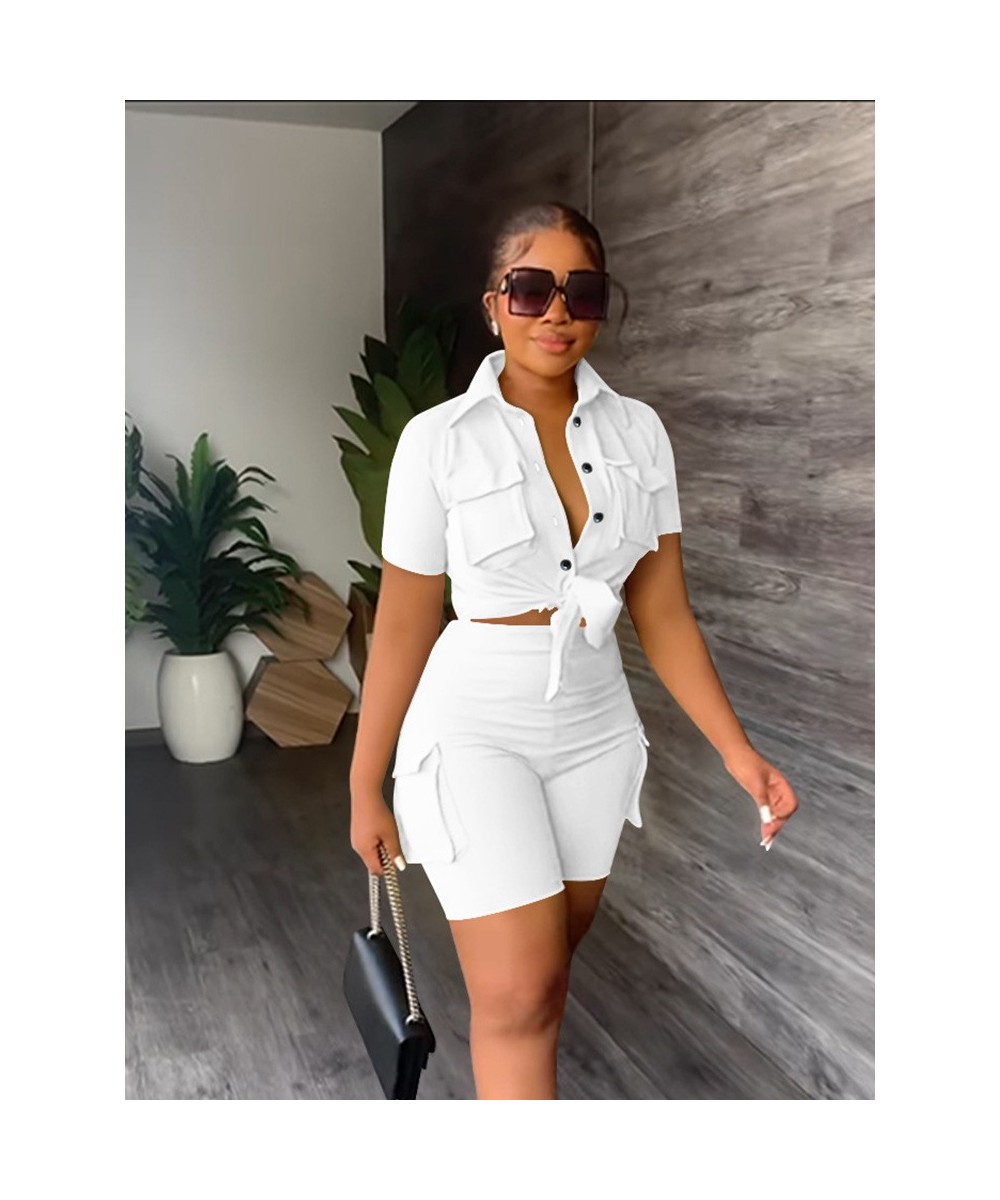 Women's Solid 2 Piece Set Short Sleeve Pocket Front Shirt Pocket Side Shorts Suit 2023 Spring Casual Female Outfit Tracksuits...