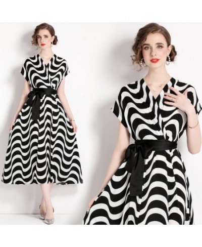 Vintage Black White Stripe Midi Dress Women's Cross V-Neck Flying Sleeve High Waist Lace Up Belt Office Work Vestidos N8294 $...