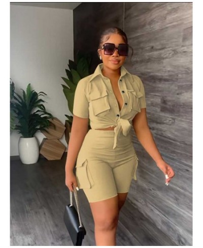 Women's Solid 2 Piece Set Short Sleeve Pocket Front Shirt Pocket Side Shorts Suit 2023 Spring Casual Female Outfit Tracksuits...