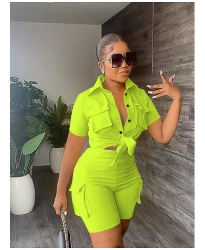 Women's Solid 2 Piece Set Short Sleeve Pocket Front Shirt Pocket Side Shorts Suit 2023 Spring Casual Female Outfit Tracksuits...