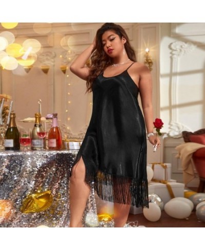 XL-5XL Oversize Strap Nightgown With TASSEL Women Sleepwear Nighty Gown Loungewear Summer Sexy Satin Nightdress Home Clothes ...