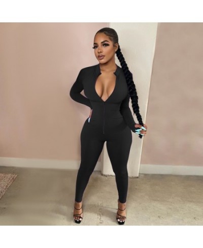 Sexy Solid Color Long Sleeve Deep V Bodycon Rompers Womens Jumpsuit Sport Suit Fashion Zip Up Long Pants Overalls Fitness Set...