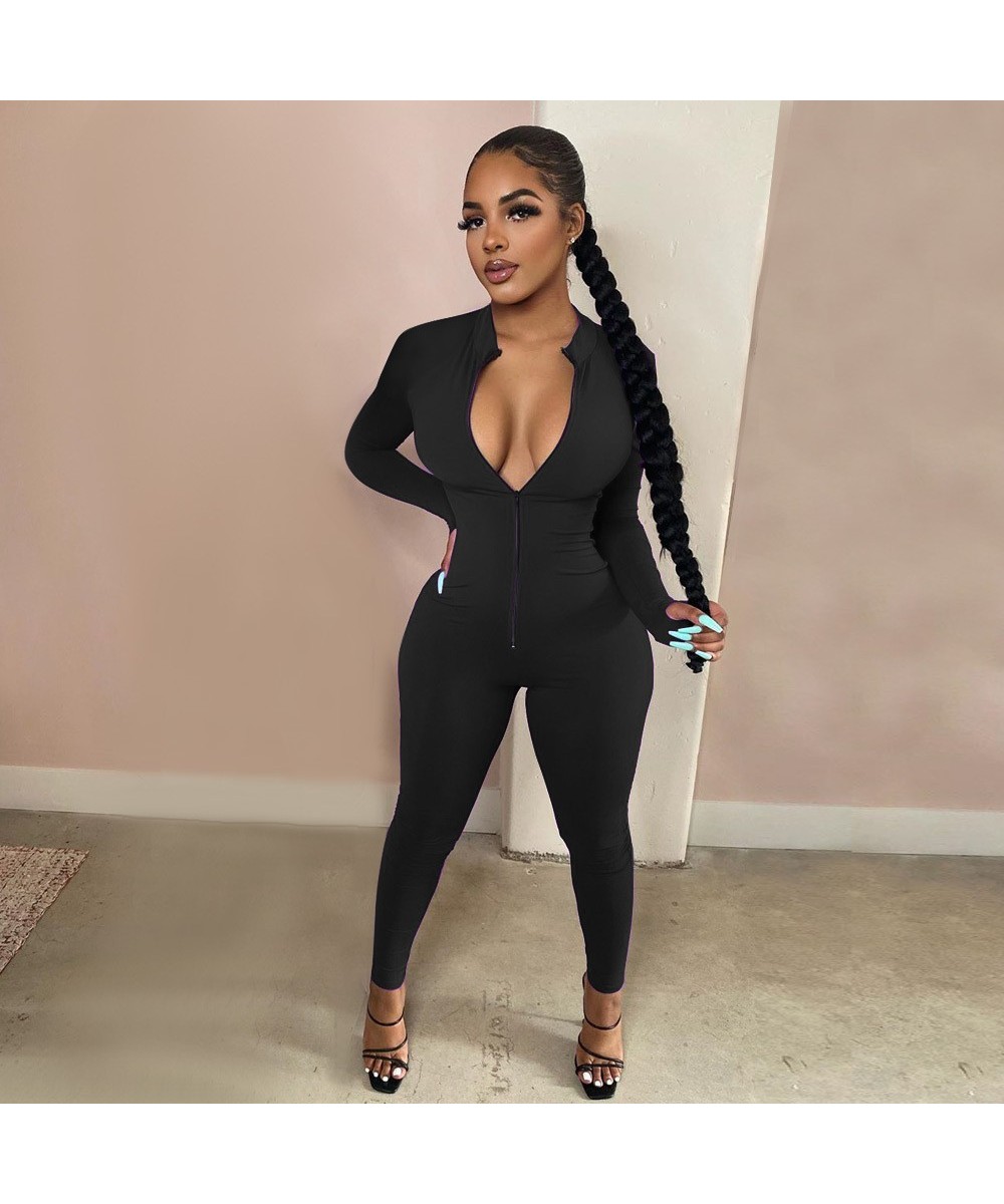 Sexy Solid Color Long Sleeve Deep V Bodycon Rompers Womens Jumpsuit Sport Suit Fashion Zip Up Long Pants Overalls Fitness Set...