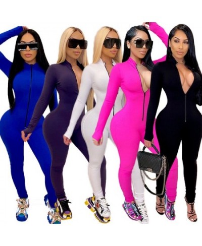 Sexy Solid Color Long Sleeve Deep V Bodycon Rompers Womens Jumpsuit Sport Suit Fashion Zip Up Long Pants Overalls Fitness Set...