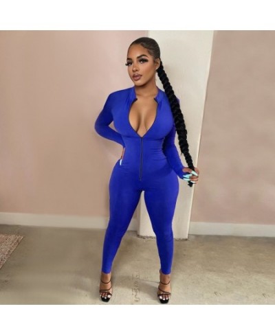 Sexy Solid Color Long Sleeve Deep V Bodycon Rompers Womens Jumpsuit Sport Suit Fashion Zip Up Long Pants Overalls Fitness Set...