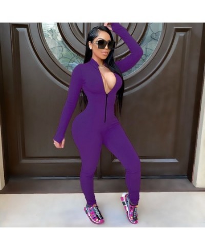 Sexy Solid Color Long Sleeve Deep V Bodycon Rompers Womens Jumpsuit Sport Suit Fashion Zip Up Long Pants Overalls Fitness Set...