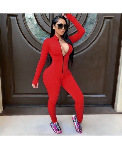 Sexy Solid Color Long Sleeve Deep V Bodycon Rompers Womens Jumpsuit Sport Suit Fashion Zip Up Long Pants Overalls Fitness Set...