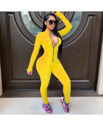 Sexy Solid Color Long Sleeve Deep V Bodycon Rompers Womens Jumpsuit Sport Suit Fashion Zip Up Long Pants Overalls Fitness Set...