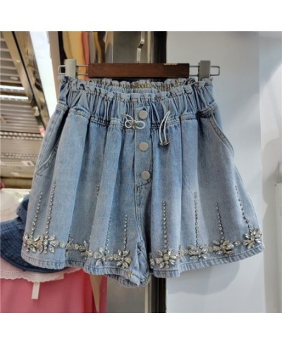 2023 Summer European Women Exquisite Rhinestone Denim Shorts Ladies Fashion Oversized Loose Wide Leg A- Line Jeans Hot Pants ...