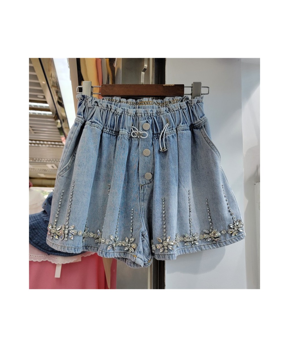 2023 Summer European Women Exquisite Rhinestone Denim Shorts Ladies Fashion Oversized Loose Wide Leg A- Line Jeans Hot Pants ...