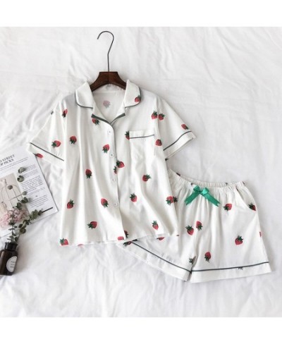 Summer Women Pajamas Suit Strawberry Printing Short Sleeve Turn-down Collar Elastic Waist Shorts Girls Home Lovely Two Piece ...