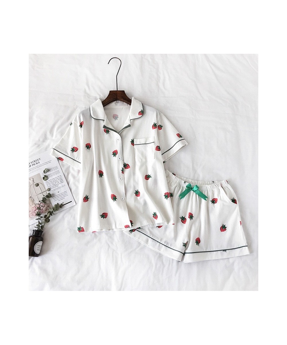 Summer Women Pajamas Suit Strawberry Printing Short Sleeve Turn-down Collar Elastic Waist Shorts Girls Home Lovely Two Piece ...