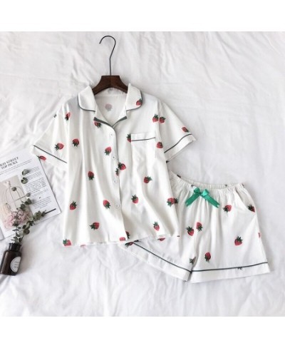 Summer Women Pajamas Suit Strawberry Printing Short Sleeve Turn-down Collar Elastic Waist Shorts Girls Home Lovely Two Piece ...