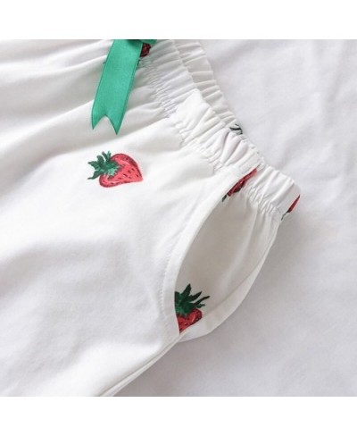 Summer Women Pajamas Suit Strawberry Printing Short Sleeve Turn-down Collar Elastic Waist Shorts Girls Home Lovely Two Piece ...