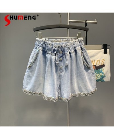 2023 Summer European Women Exquisite Rhinestone Denim Shorts Ladies Fashion Oversized Loose Wide Leg A- Line Jeans Hot Pants ...