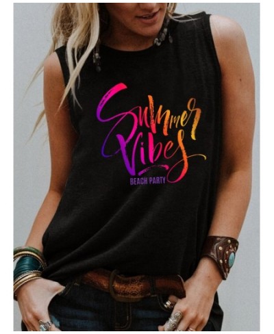 Gradient Print Summer Vibes BEACH PARTY Tank top Sunshine summer style Trendy Sleevele shirts women fashion casual vintage to...