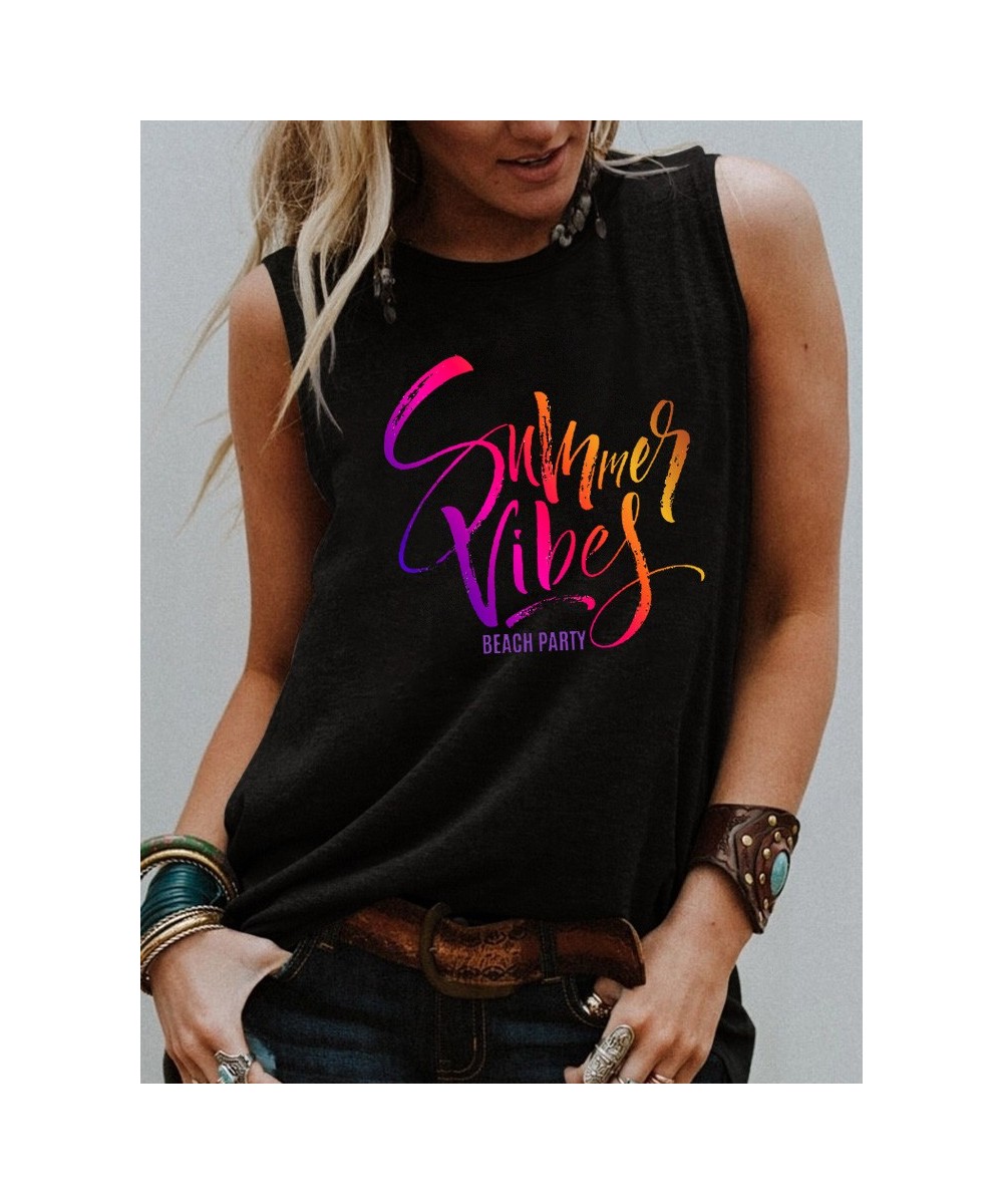 Gradient Print Summer Vibes BEACH PARTY Tank top Sunshine summer style Trendy Sleevele shirts women fashion casual vintage to...