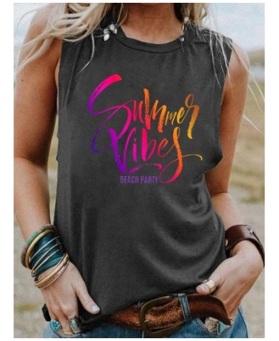 Gradient Print Summer Vibes BEACH PARTY Tank top Sunshine summer style Trendy Sleevele shirts women fashion casual vintage to...