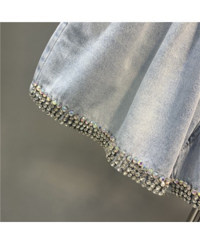 2023 Summer European Women Exquisite Rhinestone Denim Shorts Ladies Fashion Oversized Loose Wide Leg A- Line Jeans Hot Pants ...