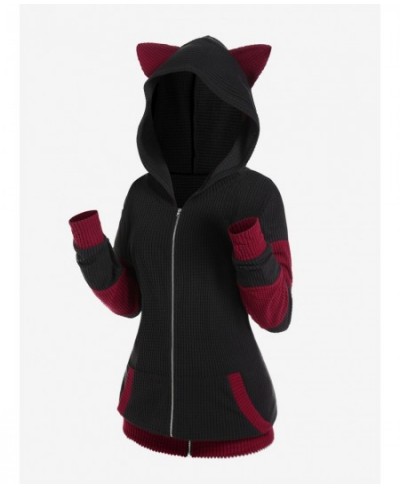 Cute Fall Winter Women Colorblock Jacket Cat Ear Ribbed Hooded Warm Long Sleeve Zipper Coat 4XL Outwear Tops $47.60 - Jackets...