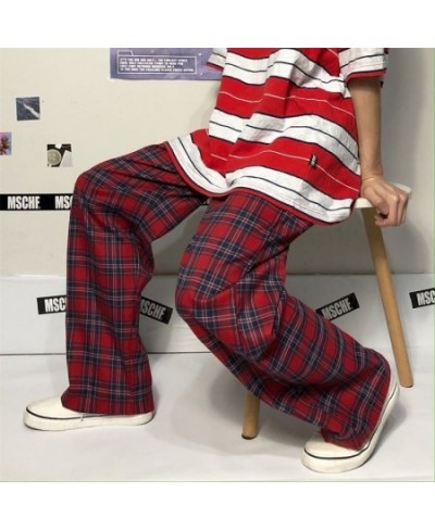 Women Gothic Korean Fashion Oversized Wide 2023 Pop Leg Sweatpants Harajuku Red Plaid Classic Pants Streetwear Checked Trouse...