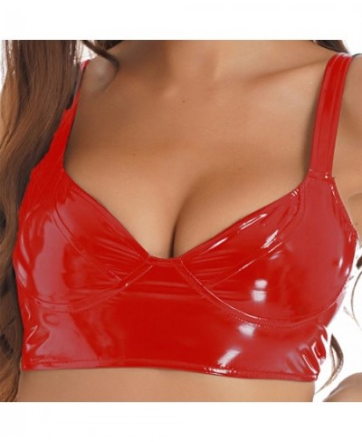 Womens Wetlook Patent Leather Wireless Bra Tops Unlined Cups Camisole Tops Wide Shoulder Straps Crop Top Rave Party Clubwear ...