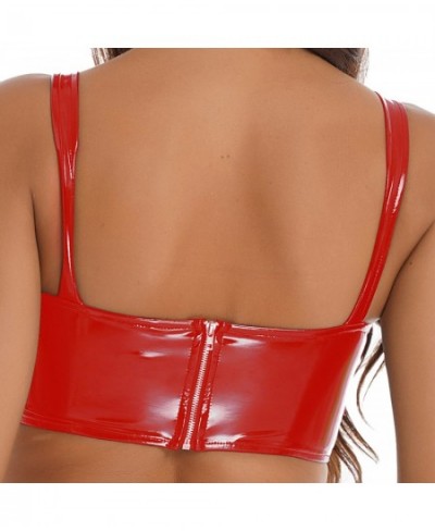 Womens Wetlook Patent Leather Wireless Bra Tops Unlined Cups Camisole Tops Wide Shoulder Straps Crop Top Rave Party Clubwear ...