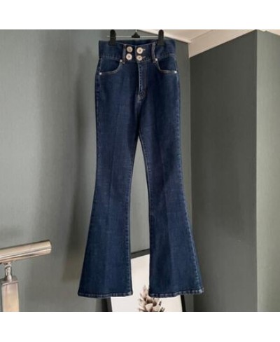 New 2023 High Waist Flare Jeans Woman Sky Blue And Blue Elegant Comfortable Pockets Full Length Denim Trousers $47.27 - Jeans