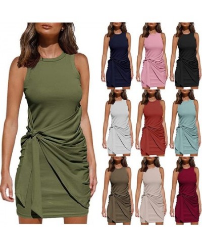 Women bow belt irregular Party Dress Summer sleeveless round neck pleated Tanl Mini Dresses Female Knotted Bodycon Dresses $3...