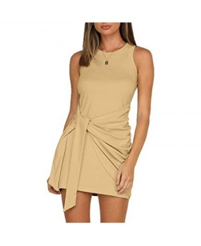 Women bow belt irregular Party Dress Summer sleeveless round neck pleated Tanl Mini Dresses Female Knotted Bodycon Dresses $3...