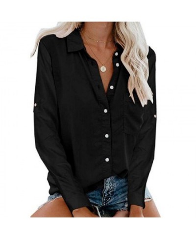 Women Casual Blouses Blue Turn Down Collar Cuffed Long Sleeves Cardigan Button Pocket Office Lady Tops Blouse Tee Shirts $30....