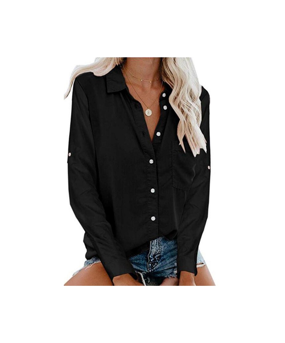 Women Casual Blouses Blue Turn Down Collar Cuffed Long Sleeves Cardigan Button Pocket Office Lady Tops Blouse Tee Shirts $30....