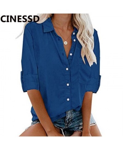 Women Casual Blouses Blue Turn Down Collar Cuffed Long Sleeves Cardigan Button Pocket Office Lady Tops Blouse Tee Shirts $30....