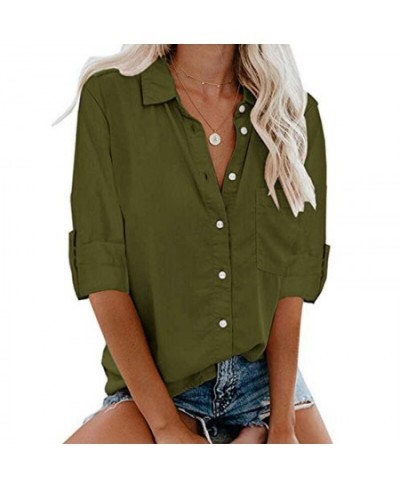 Women Casual Blouses Blue Turn Down Collar Cuffed Long Sleeves Cardigan Button Pocket Office Lady Tops Blouse Tee Shirts $30....