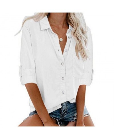 Women Casual Blouses Blue Turn Down Collar Cuffed Long Sleeves Cardigan Button Pocket Office Lady Tops Blouse Tee Shirts $30....