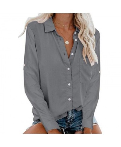 Women Casual Blouses Blue Turn Down Collar Cuffed Long Sleeves Cardigan Button Pocket Office Lady Tops Blouse Tee Shirts $30....