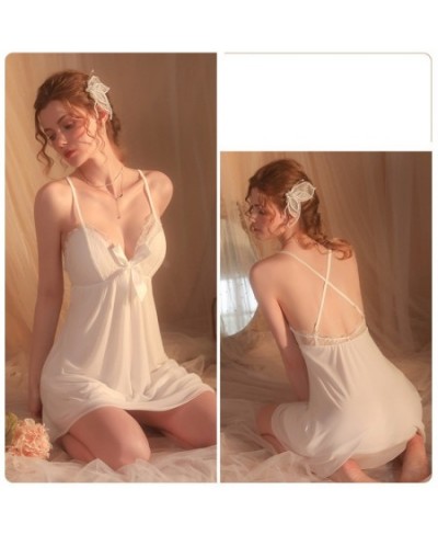 Woman Sleeping Clothes White 2022 Ladies Night Wear Set Perspective Long Mesh Sleeping Nightgown Bow Knot Cross Strap Back $2...