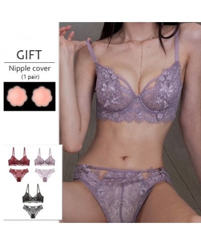 Women Ultra Thin Sexy Transparent Bra And Panty Set Lingerie Floral Embroidery Push Up Lace Brassiere Girls Underwear Purple ...