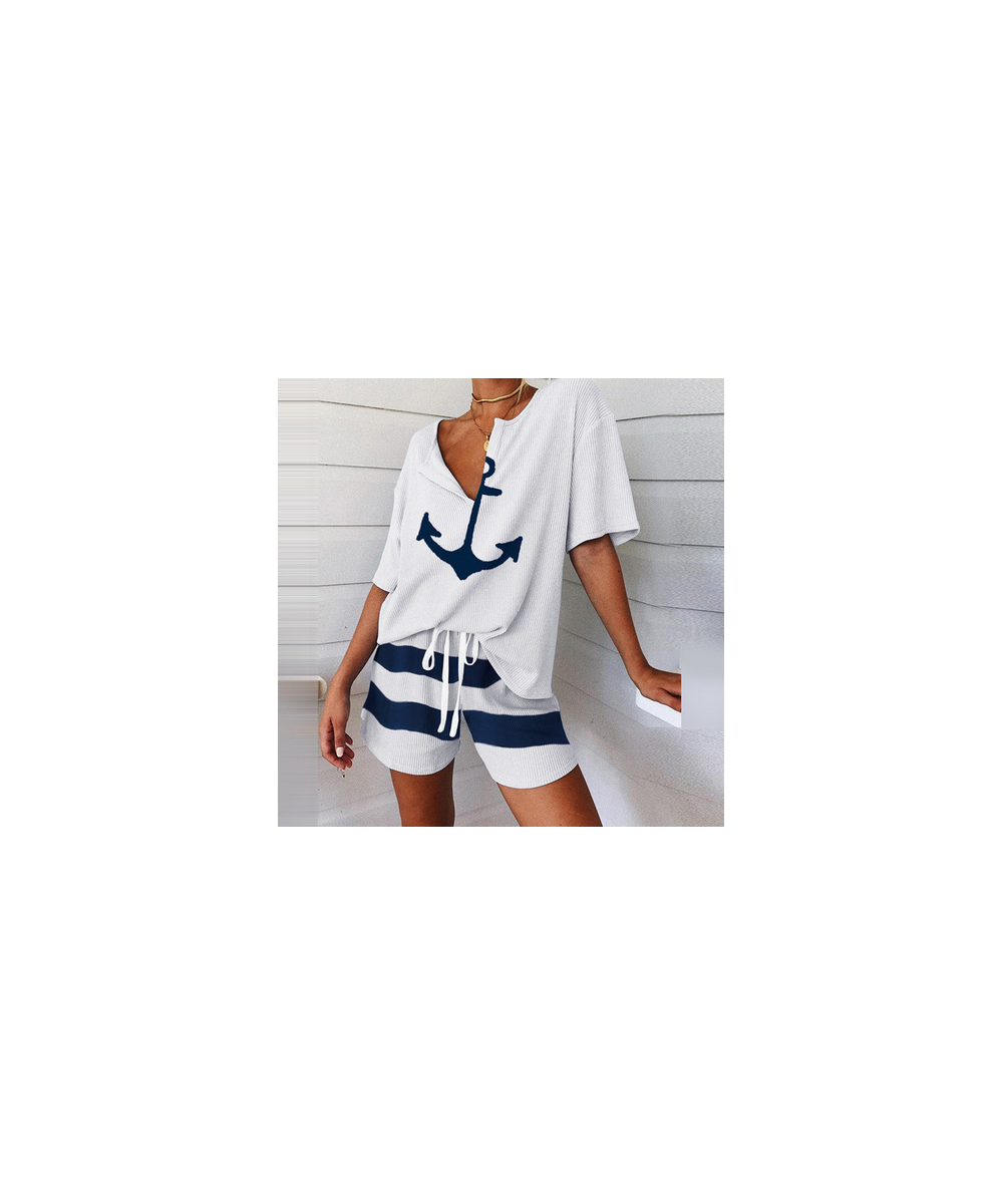 Summer 2Pcs Women Tracksuit Boat Anchor Print Shirt Shorts Set Spring Elegant V Neck Pullover Ladies Sportswear Suits Pocket ...