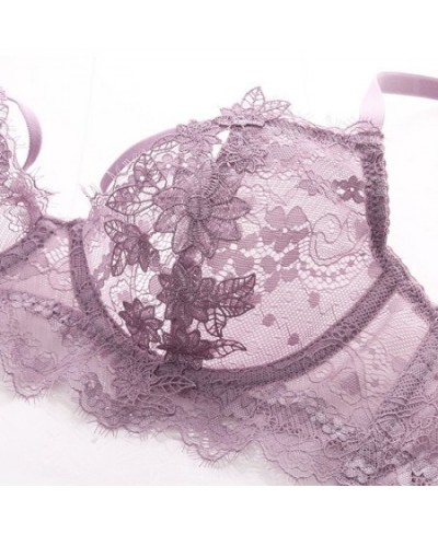 Women Ultra Thin Sexy Transparent Bra And Panty Set Lingerie Floral Embroidery Push Up Lace Brassiere Girls Underwear Purple ...