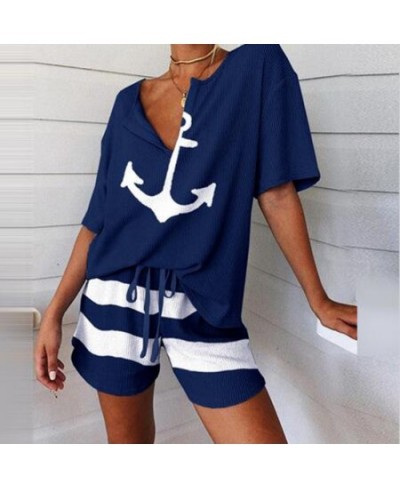 Summer 2Pcs Women Tracksuit Boat Anchor Print Shirt Shorts Set Spring Elegant V Neck Pullover Ladies Sportswear Suits Pocket ...