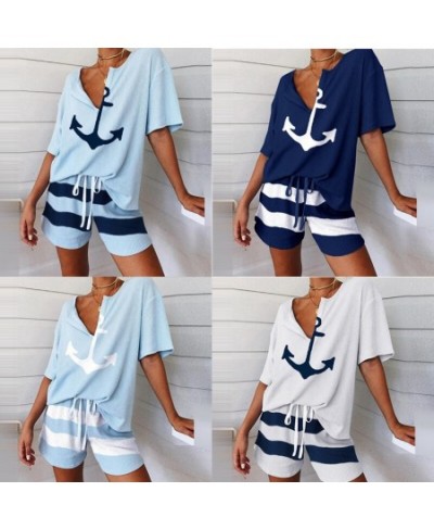 Summer 2Pcs Women Tracksuit Boat Anchor Print Shirt Shorts Set Spring Elegant V Neck Pullover Ladies Sportswear Suits Pocket ...